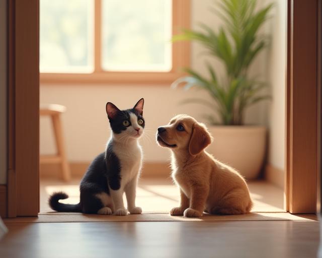 Chat et chien attendant une adoption dans un refuge animalier partenaire.