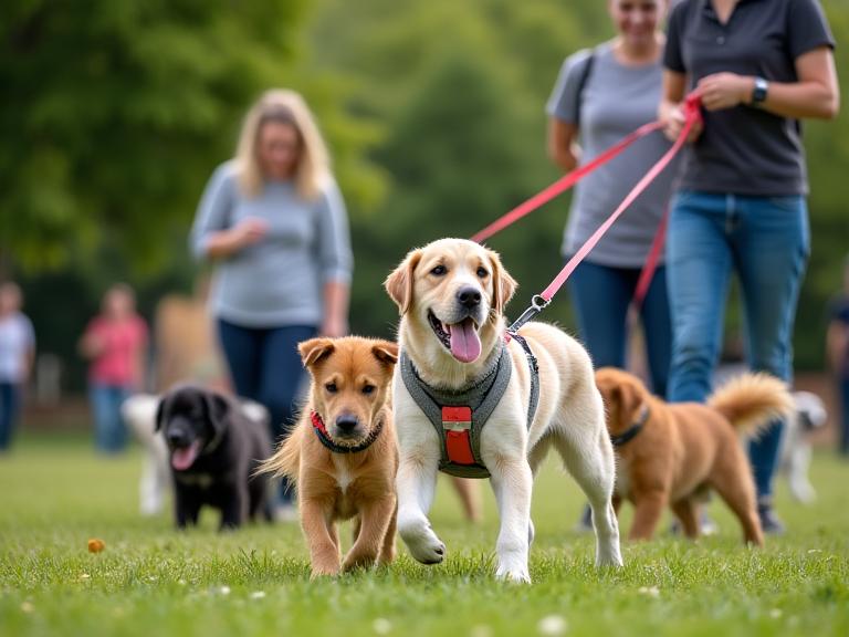 Groupe de personnes suivant un cours d'éducation canine avec leurs chiots