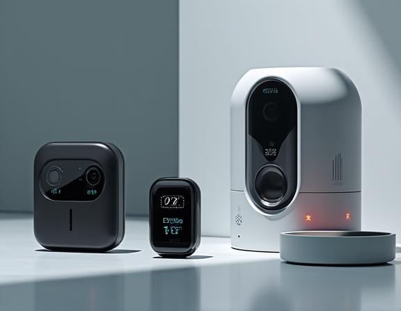 Exposition de gadgets pour animaux : tracker GPS, caméra interactive et distributeur connecté.